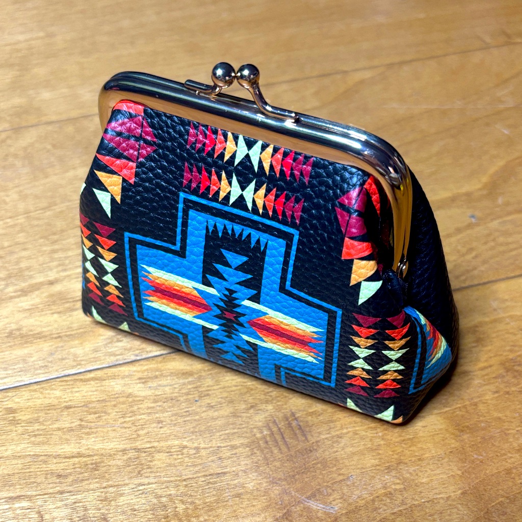 Black Leather Mexican Indian Patterned Mini Purse | Snap Change Bag Case Holder